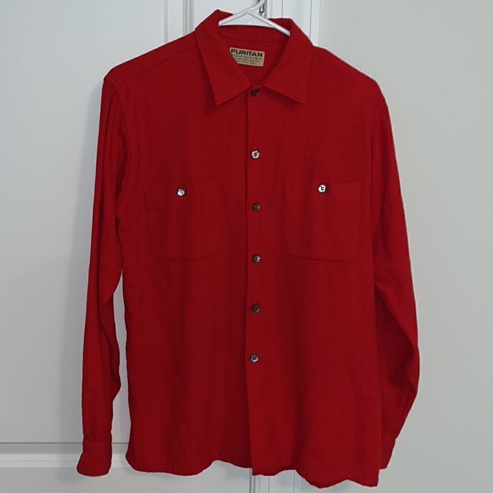 Retro Puritan Aquawool Men's Red Button Front Shirt 100% Virgin Wool M 15/15.5